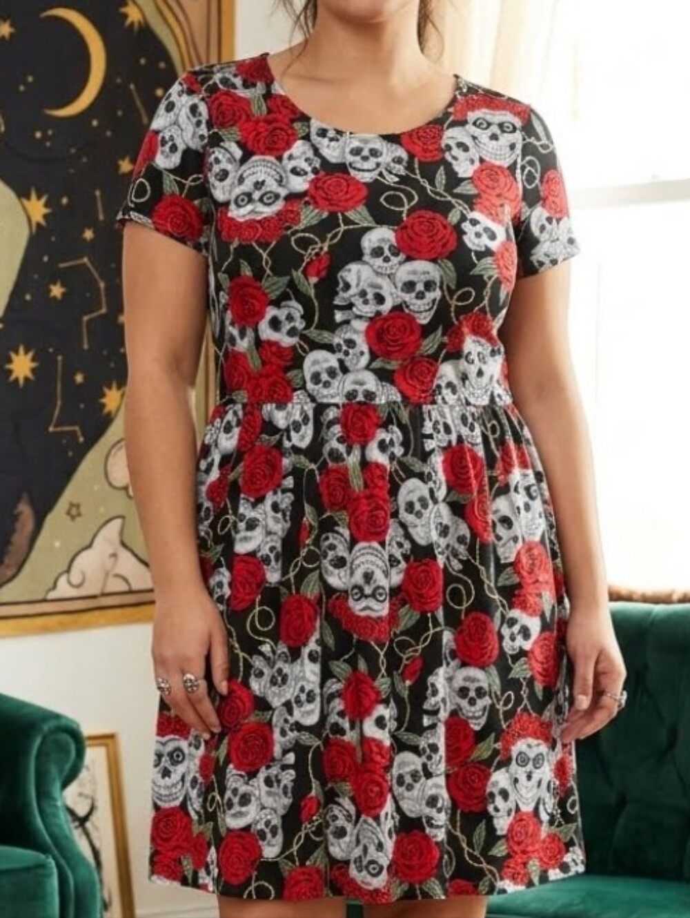 Skull & Rose Print Woman's Dress - Black with Red Roses